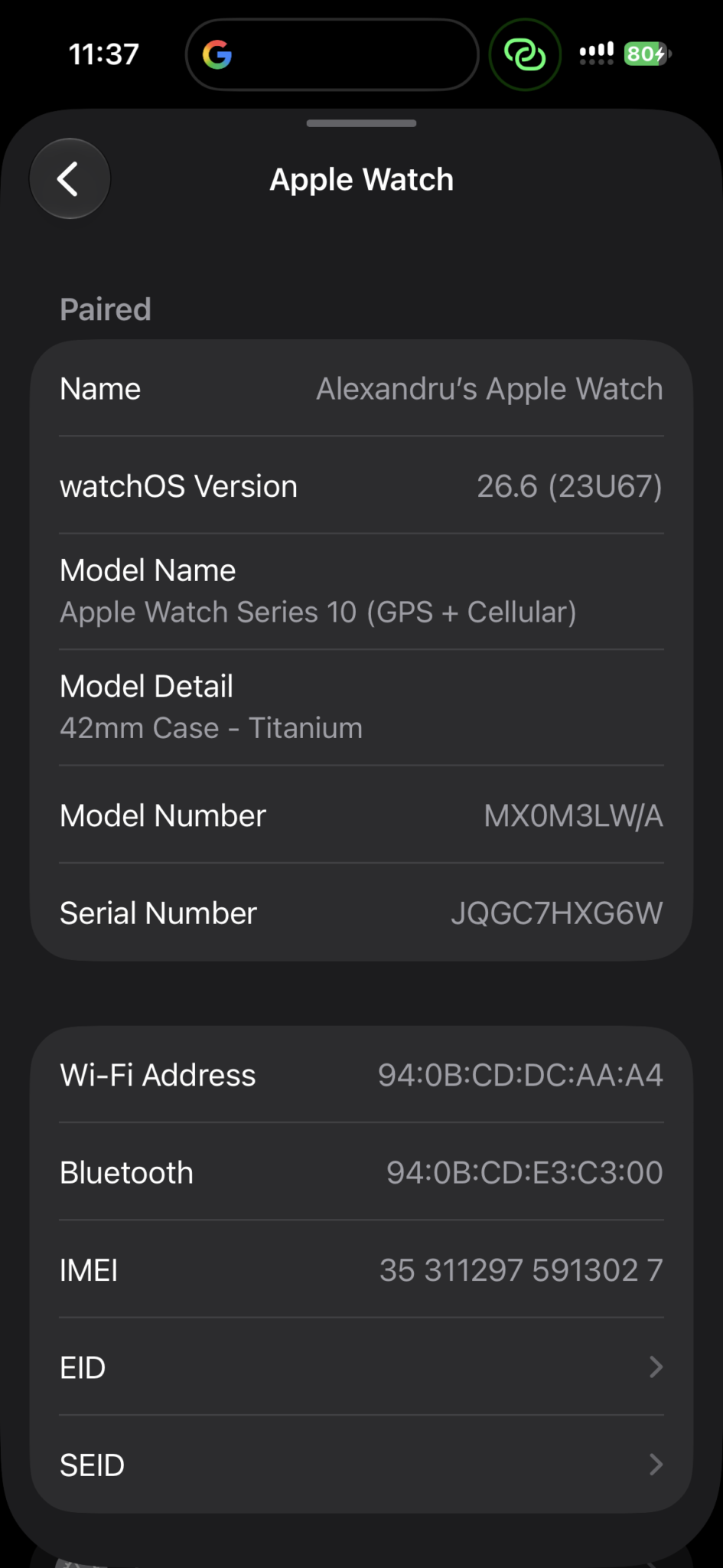 Apple Watch device details screenshot